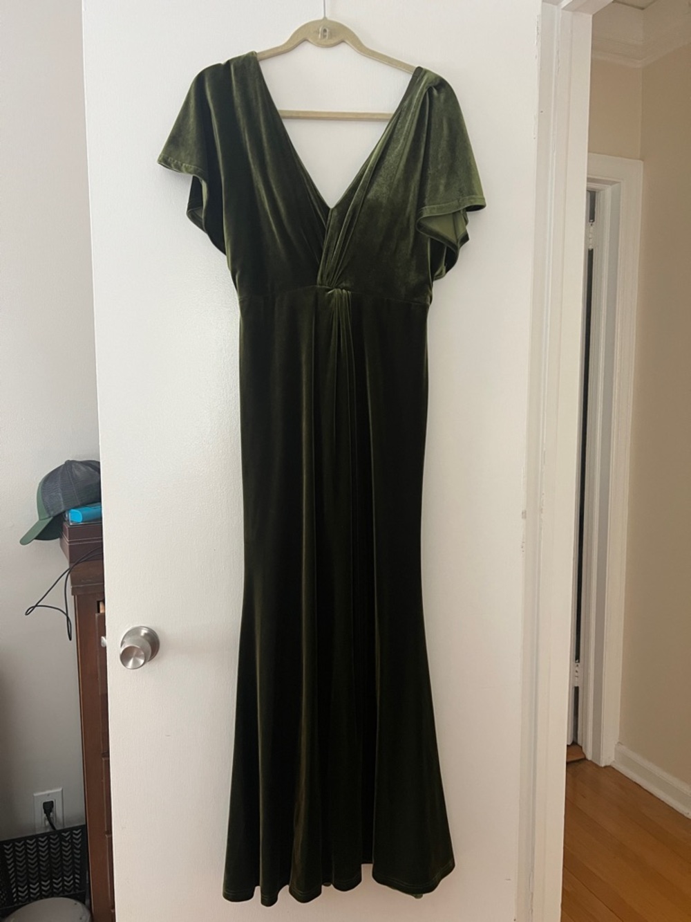 Revelry velvet olive green bridesmaids dress
